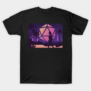 Synthwave Futuristic City Polyhedral D20 Dice Moon RPG Landscape T-Shirt